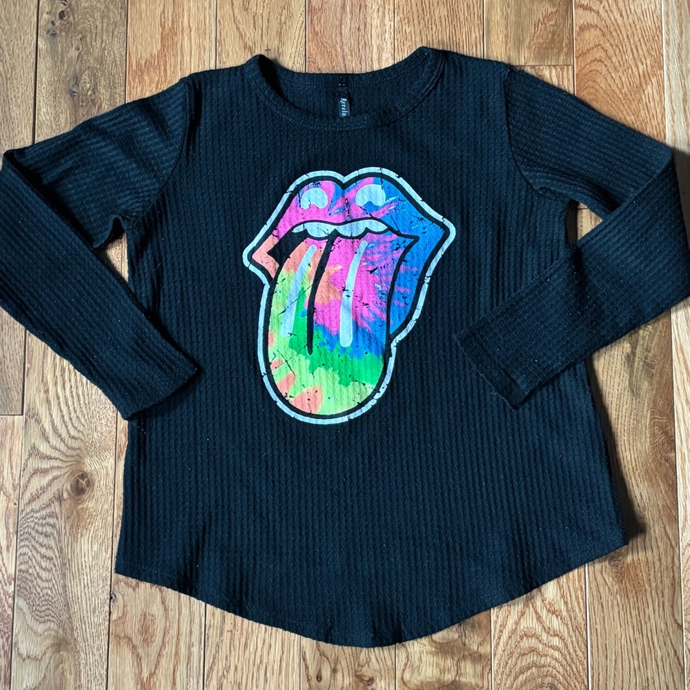 Revelation Girls Black Waffle Knit Long Sleeve Tee - Rolling Stones Graphic